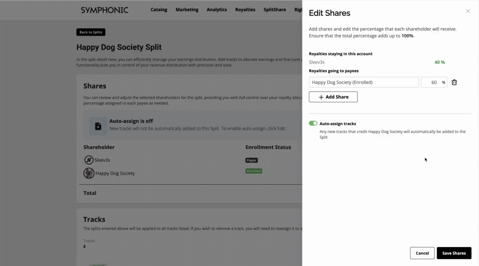 Interfaz de usuario mostrando el panel “Editar participaciones” en la plataforma de Symphonic, para la cuenta “Happy Dog Society Split”, con ajustes de asignación automática y porcentajes de participación.